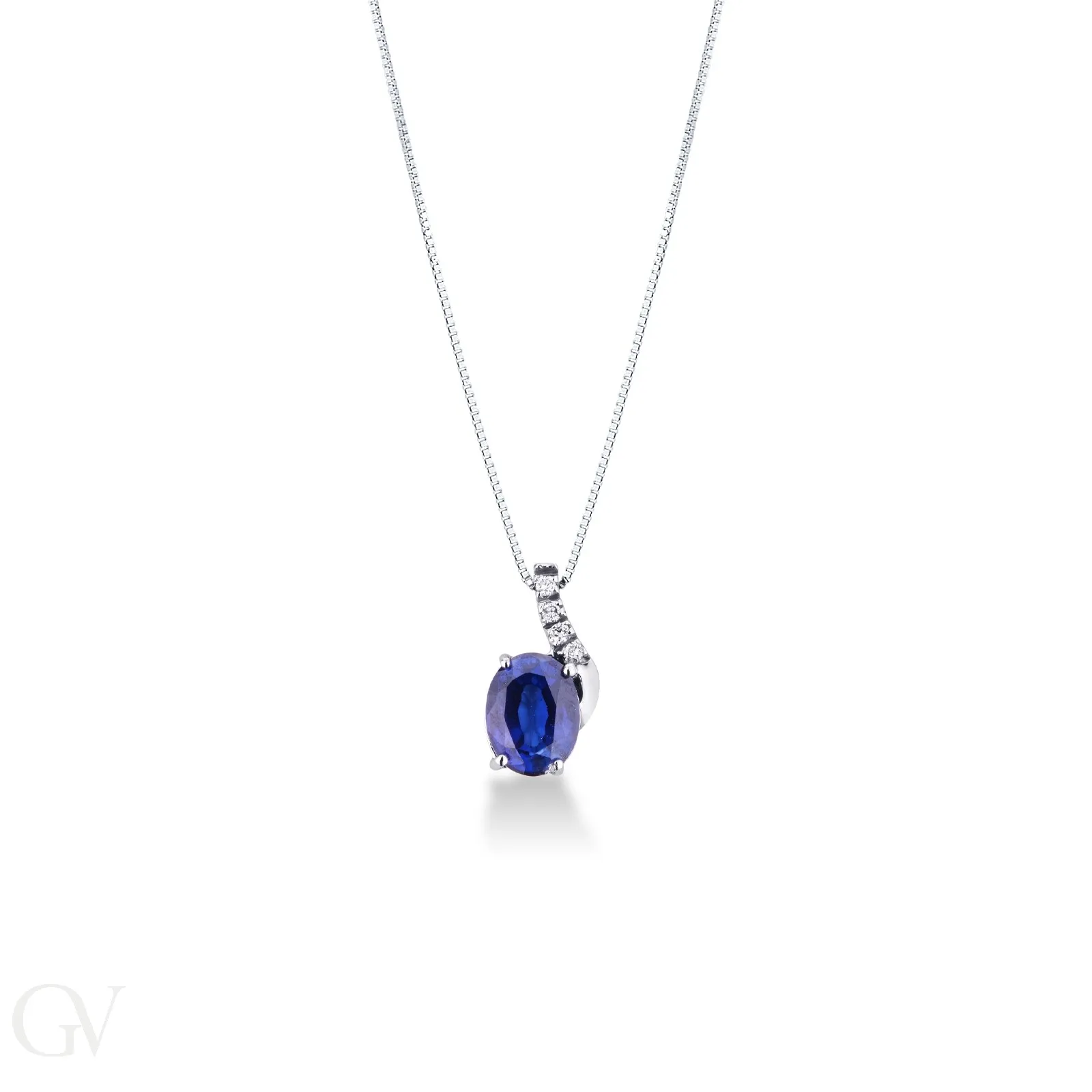 Collana in oro bianco 18k con diamanti e zaffiro blu ovale